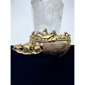 Vintage AJC Signed Noahs Ark Animals Ship Boat Gold Tone Brooch Pin Bible Story